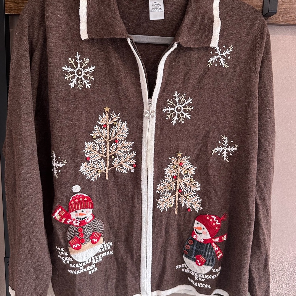 Brown Snowman Embroidered Cardigan